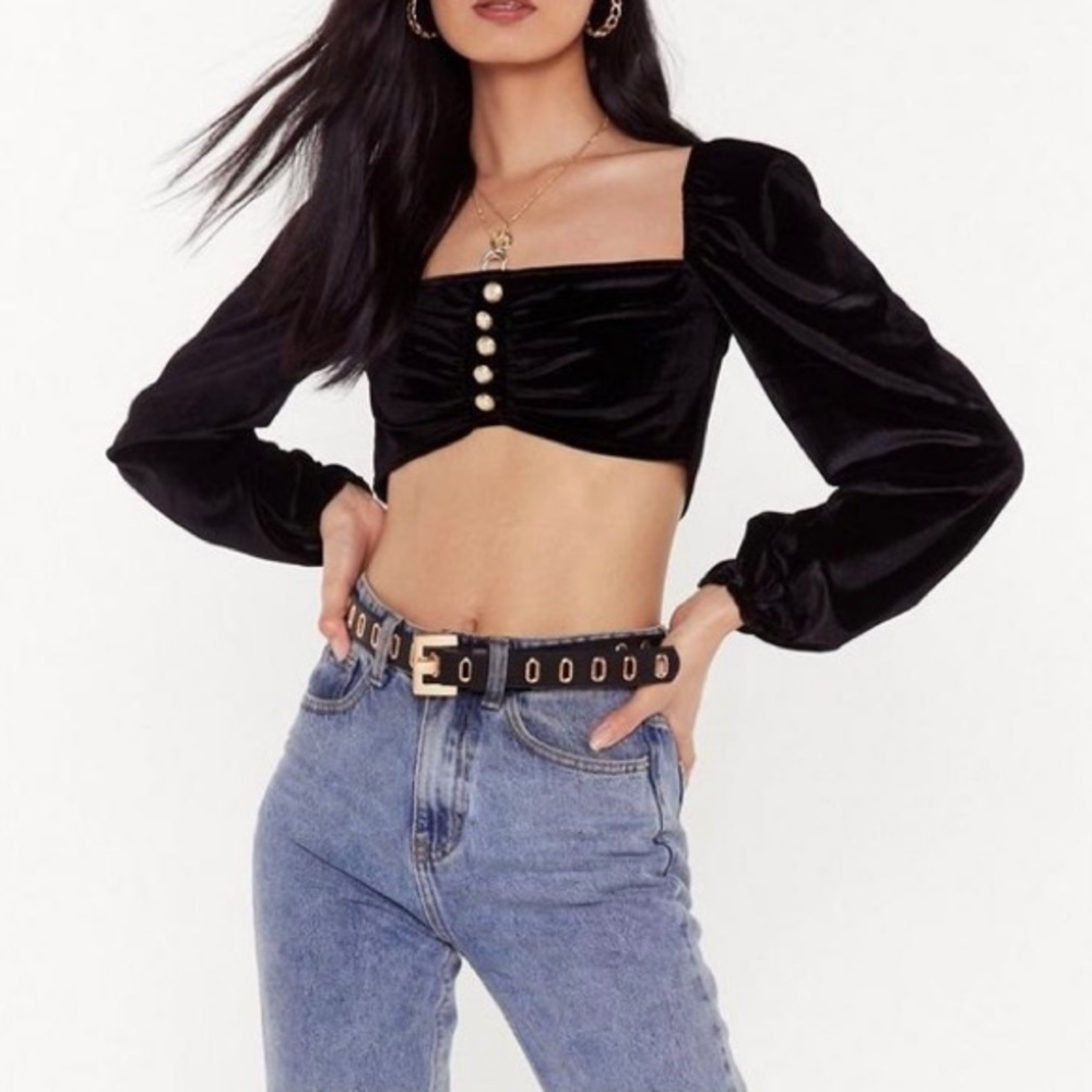 NASTY GAL Soft On The Outside Velvet Crop Top in Black
